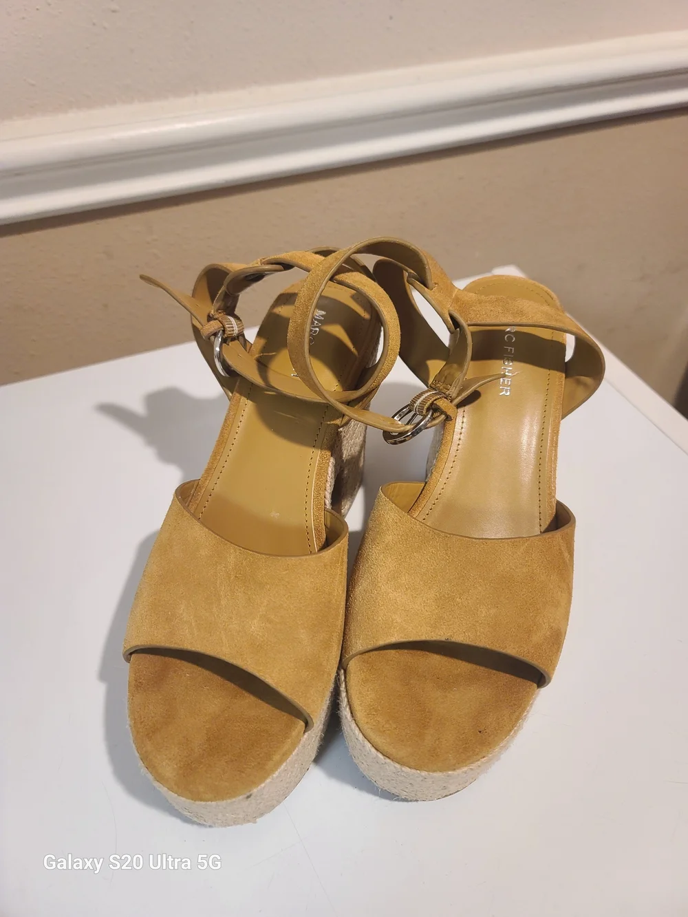Marc Fisher Mustard Yellow Suede Platform Espadrille Sandals